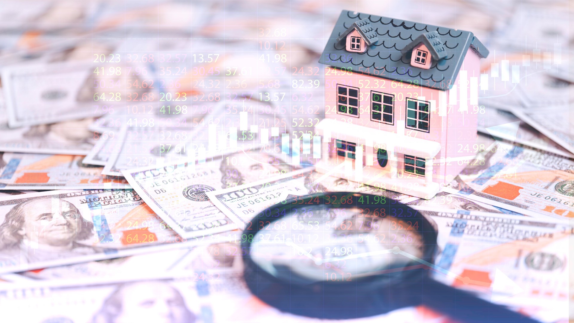 a magnifying glass to examine financial documents, focusing on loans and investments. a magnifying glass and a home money symbols, symbolizing financial assessment and investment decisions.